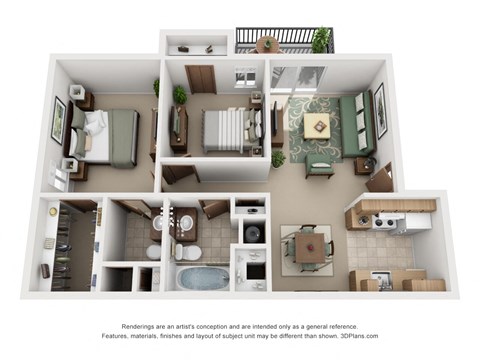 Floor plan for 2 beds, 1.5 baths, 850 sqft